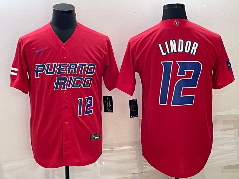 Men 2023 World Cub #12 Lindor Red Nike MLB Jersey2